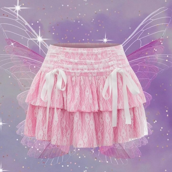 XL SHEIN MOD Knot Front Ruched Two Layer Hem Sexy Pink Lace Skirt Bows Kawaii - Picture 1 of 10